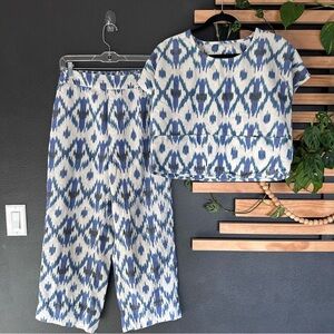 Mata Traders Blue Ikat Print Matching Set Top & Pants Artisan Cotton Size small